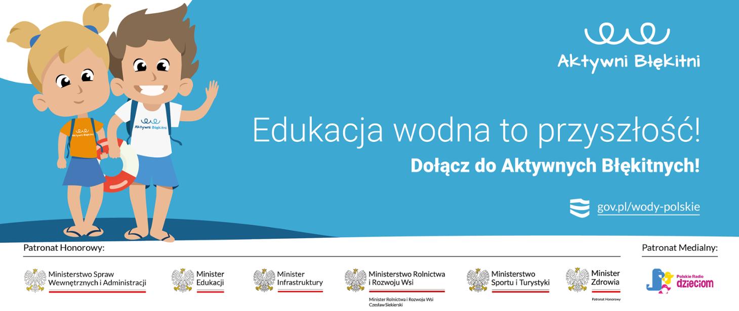 Logo programu Aktywni Błękitni - Szkoła Przyjazna Wodzie z napisem Edukacja Wodna to Przyszłość