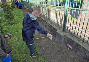 Uczeń kl. 1 sieje nasionka w ramach projektu Aktywni Błękitni