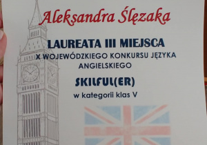 Zdjęcie przedstawia Dyplom za zajęcie III miejsca w X Wojewódzkim Konkursie Języka Angielskiego Skilf