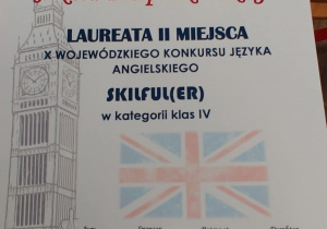 Zdjęcie przedstawia Dyplom za zajęcie II miejsca w X Wojewódzkim Konkursie Języka Angielskiego Skilf