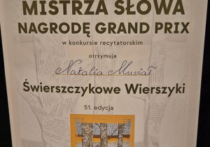 Zdjęcie przedstawiające Dyplom Mistrza Słowa - nagroda Grand Prix