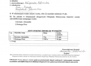 zdjęcie protokołu Olimpiady Historycznej Juniorów