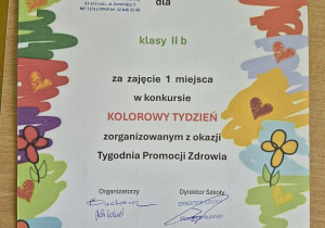 Dyplom za zajęcia 1 miejsca w Tygodniu Promocji Zdrowia