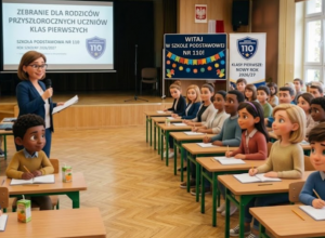 Miniatura przedstawia zebranie z rodzicami przyszłorocznych uczniów klas pierwszych